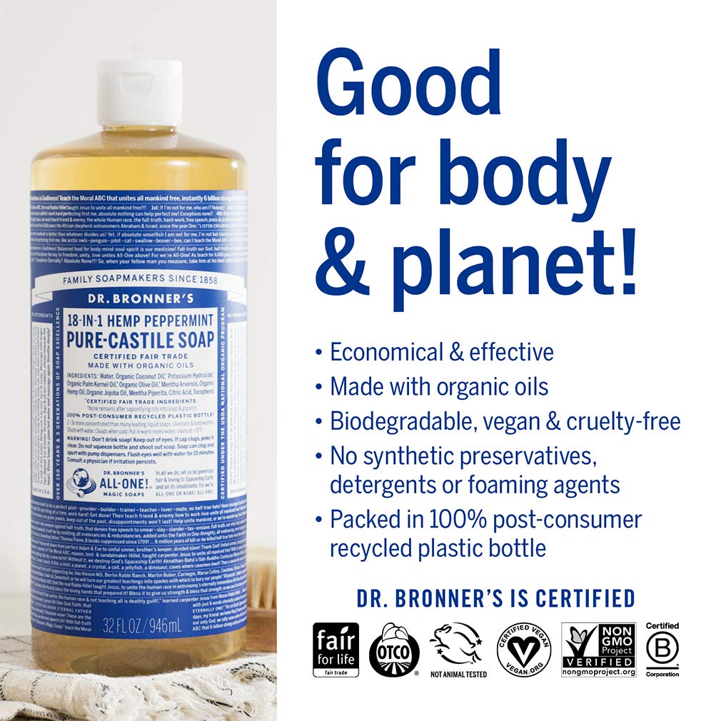 Dr. Bronner's - Pure-Castile Liquid Soap (Peppermint, 32 ounce) - Made with Organic Oils, 18-in-1 Uses: Face, Body, Hair, Laundry, Pets and Dishes, Concentrated, Vegan, Non-GMO : Beauty Products : Beauty & Personal Care