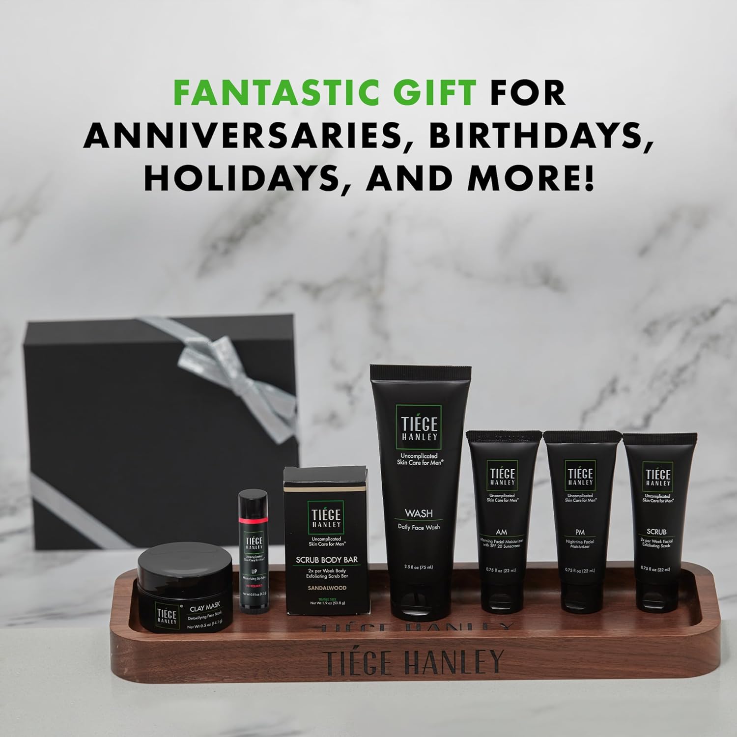 Tiege Hanley Mens Skin Care Gift Box Set, Silver - Men's Skincare Set Includes Face Wash, AM & PM Facial Moisturizer, Face Clay Mask & Scrub, Body Scrub Bar, & Moisturizing Lip Balm : Beauty & Personal Care