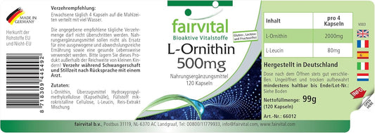 Fairvital | L-ornithine 500mg - VEGAN - HIGH DOSAGE - 120 capsules - amino acid