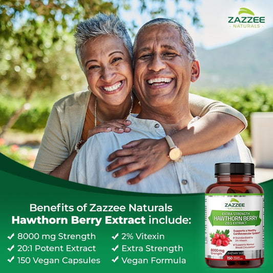 Zazzee Extra Strength Hawthorn Berry 20:1 Extract, 8000 Mg Strength, 2% Vitexin, 150 Vegan Capsules, 5 Month Supply, Concentrated And Standardized Potent 20X Extract, Non-Gmo And All-Natural