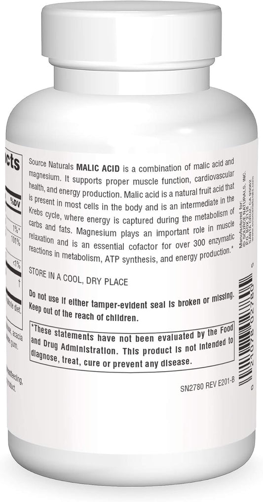 Source Naturals Malic Acid, Supports Muscles And Energy Production*, 2,500 Mg - 120 Tablets
