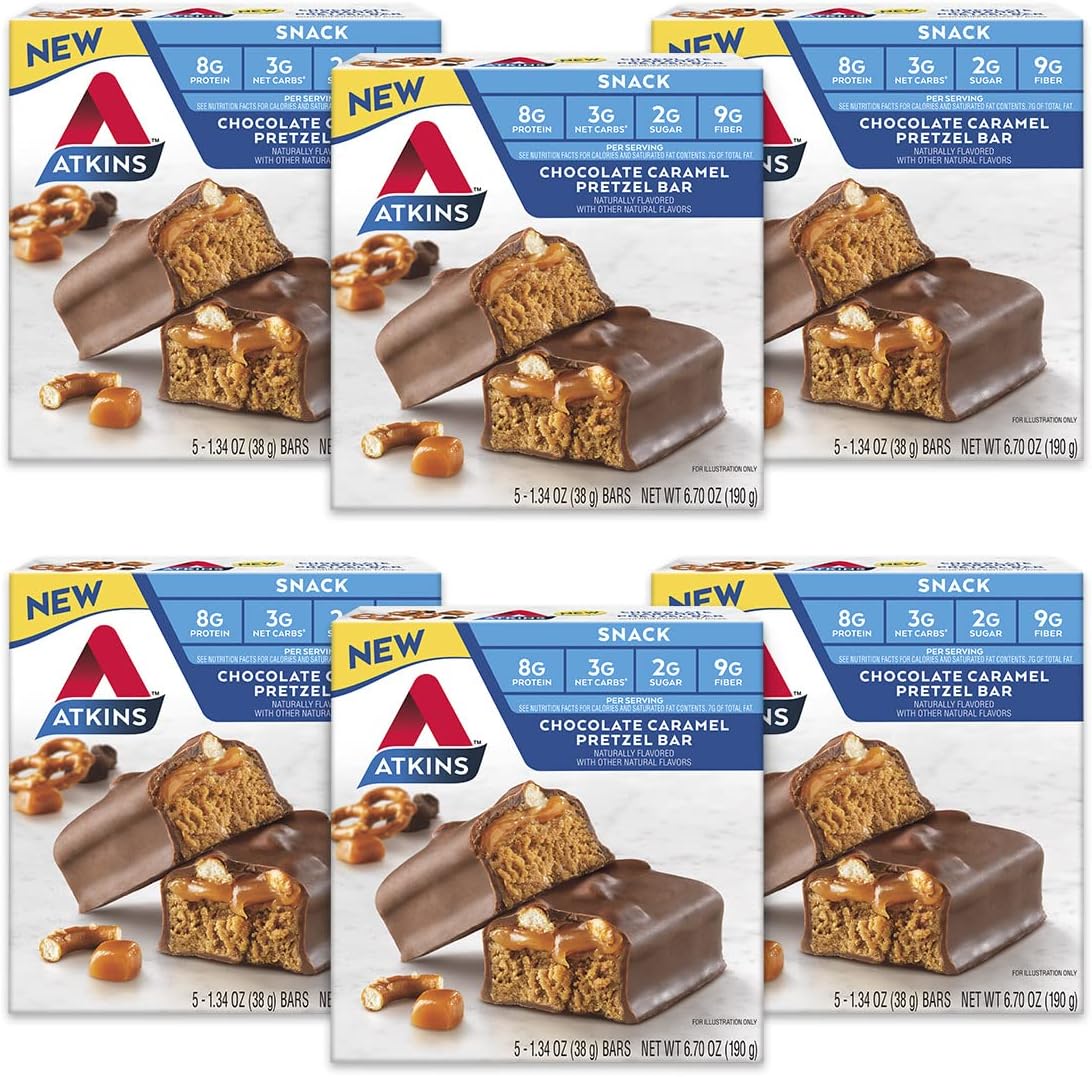 Atkins Snack Bar, Chocolate Caramel Pretzel, Keto Friendly, 5 Count (Pack Of 6)