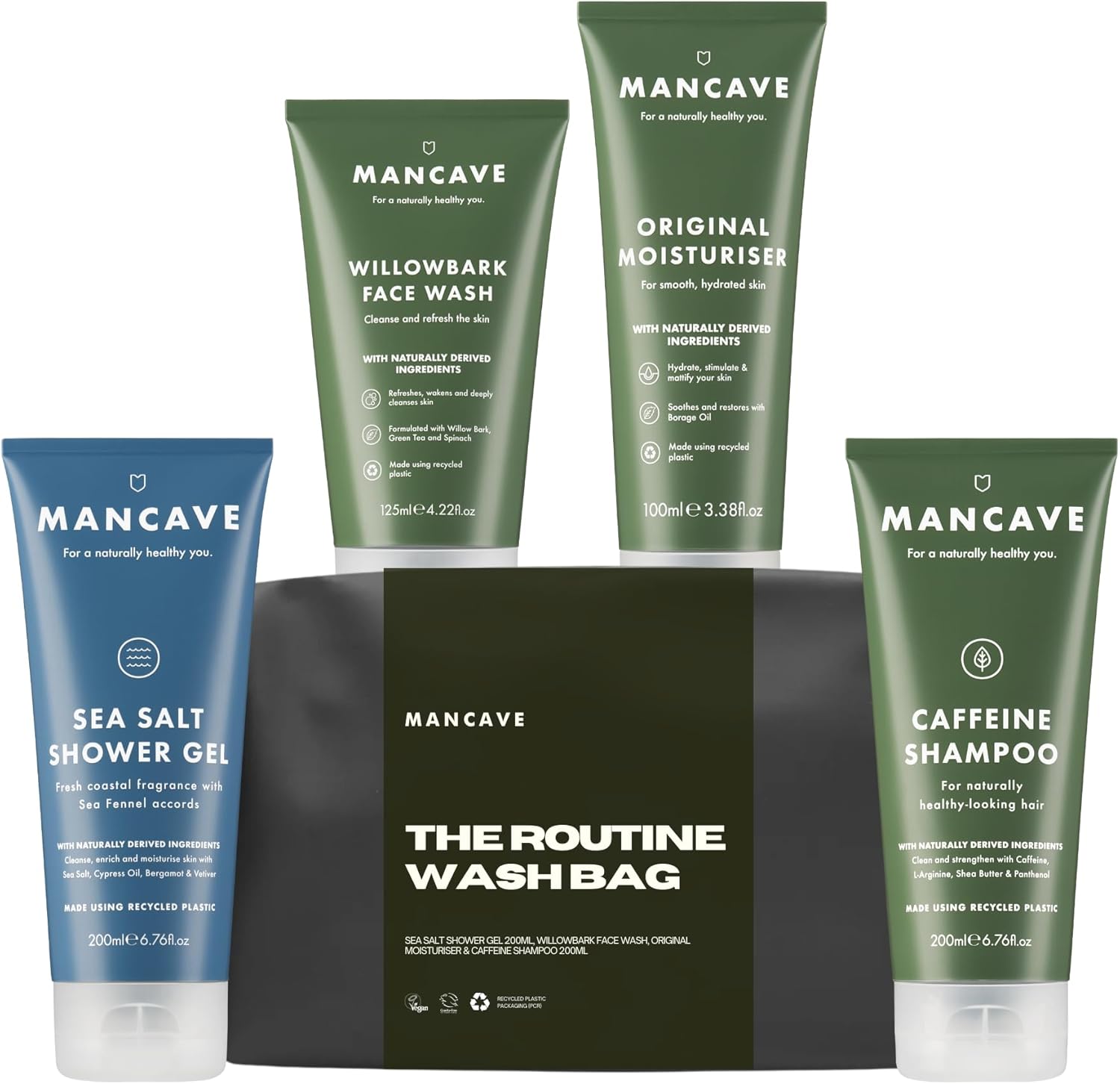 Mancave Complete Routine Wash Bag Set, Durable Men'S Toiletry Kit With Shower Gel, Shampoo, Moisturiser And Face Wash, Ideal Travel Companion, Eco-Friendly, Vegan, Made In England