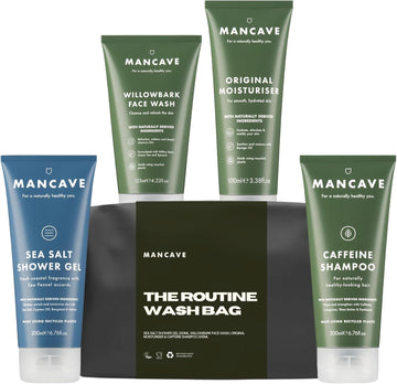 Mancave Complete Routine Wash Bag Set, Durable Men'S Toiletry Kit With Shower Gel, Shampoo, Moisturiser And Face Wash, Ideal Travel Companion, Eco-Friendly, Vegan, Made In England