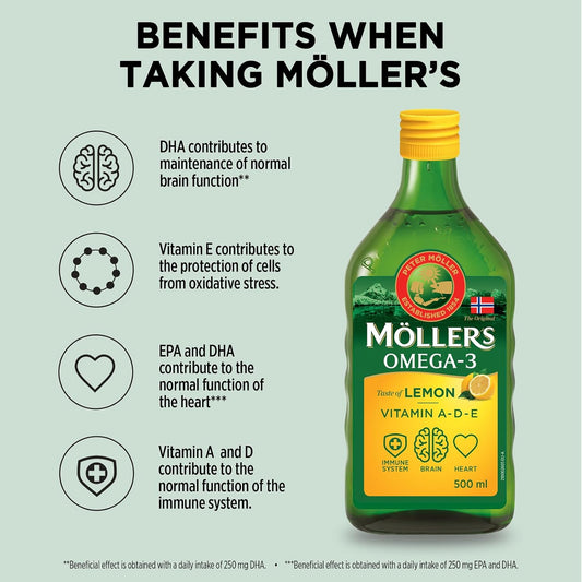 Möller's Omega 3 Cod Liver Oil | Nordic Omega 3 Dietary Supplement with EPA, DHA, Vitamin A, D, E | Superior Taste Award | High Purity Natural Cod Liver Oil | 165 Year Old Brand | Lemon | 500 ml