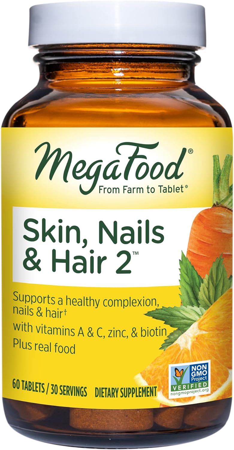 Megafood Skin, Nails & Hair 2 - Vitamins For Women & Men - Biotin, Vitamin A, Vitamin C, Zinc, Vitamin B6, Vitamin E, Pantothenic Acid - Vegan - Made Without 9 Food Allergens - 60 Tabs (30 Servings)