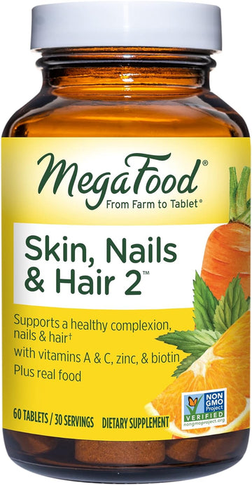 Megafood Skin, Nails & Hair 2 - Vitamins For Women & Men - Biotin, Vitamin A, Vitamin C, Zinc, Vitamin B6, Vitamin E, Pantothenic Acid - Vegan - Made Without 9 Food Allergens - 60 Tabs (30 Servings)