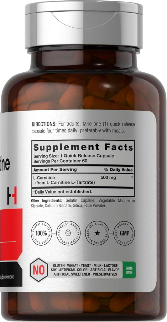 Horbäach L Carnitine Supplement 500Mg | 60 Capsules | As L-Carnitine L-Tartrate | Non-Gmo And Gluten Free