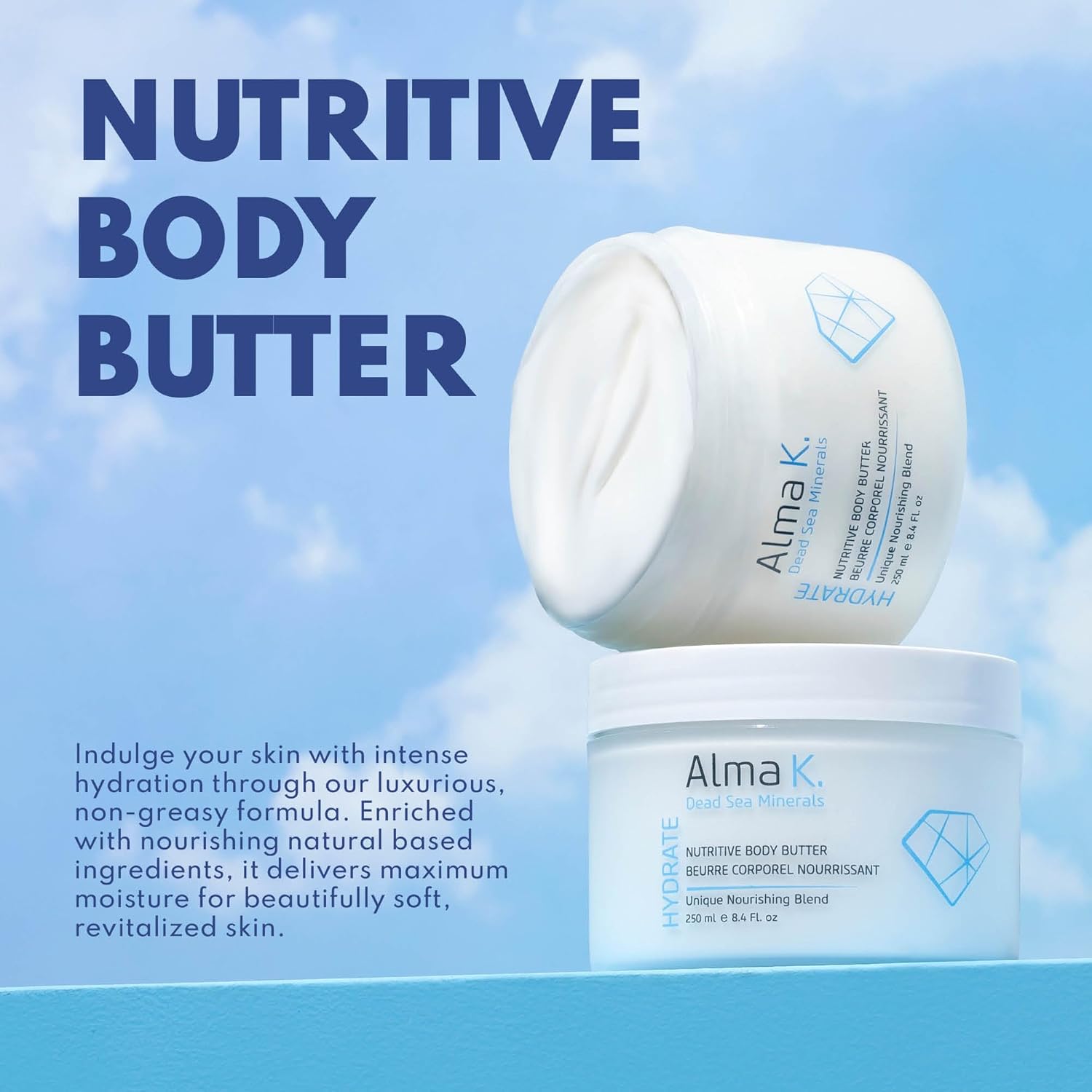 Alma K Nutritive Body Butter - Deep Hydration Body Cream Skin Care - Shea Butter Lotion With Dead Sea Minerals, Vitamin E - All Skin Types - 8.45 Oz