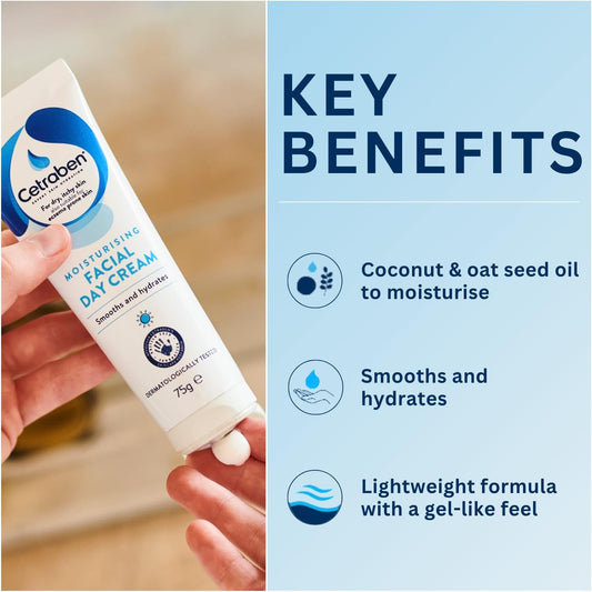 Cetraben Moisturising Facial Day Cream, For Dry, Sensitive & Eczema-Prone Skin, Soothes & Hydrates, Lightweight Formula, Suitable For Everyday Use, Dermatologically Tested, Face Cream, 1 X 75G