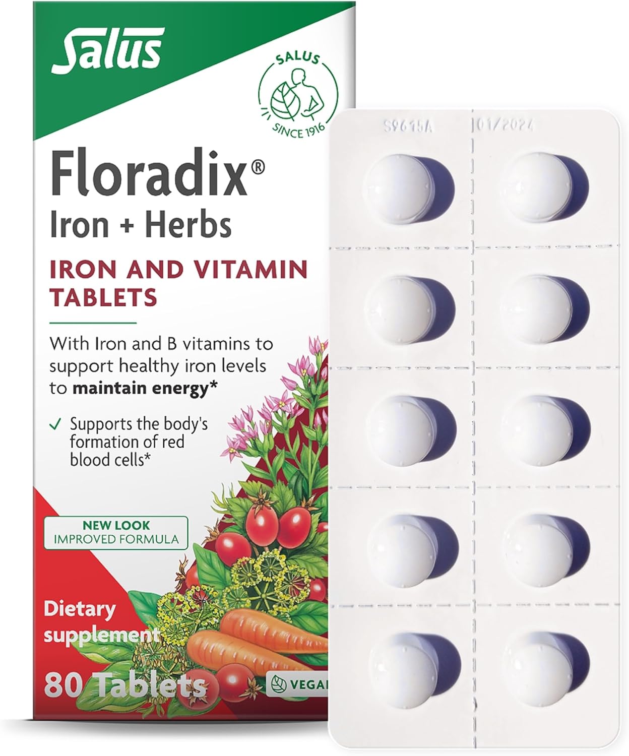 Floradix Iron Tablets - Iron Supplement With Folic Acid, Vitamin C & More - Energy Support* - Vegetarian, Gluten-Free - 80 Tablets