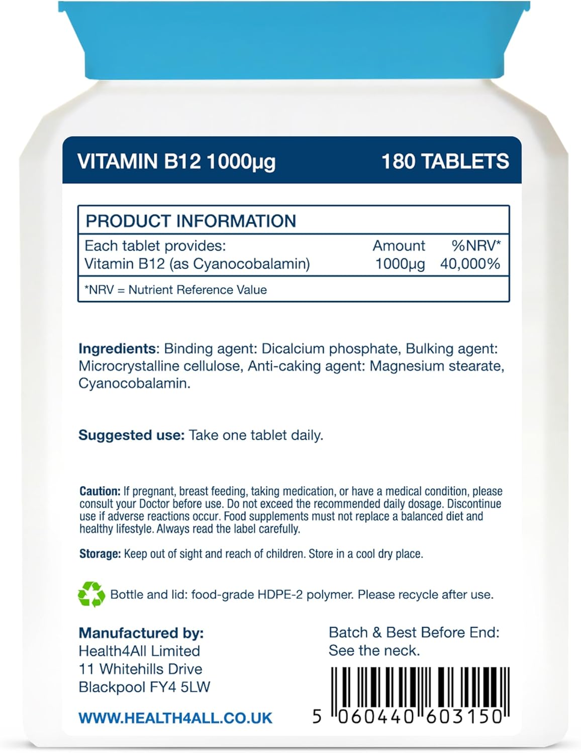 Vitamin B12 Cyanocobalamin High Strength 1000mcg 180 Tablets (V) Tiredness and Fatigue. Vegan. Made in The UK by Health4All. : Amazon.co.uk: Health & Personal Care