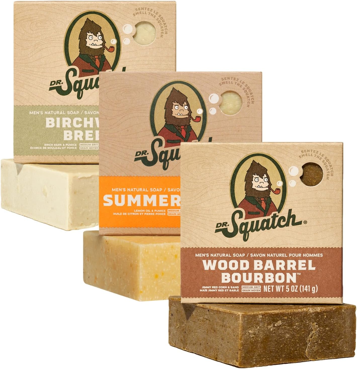 Dr. Squatch Men'S Natural Bar Soap Made From Natural Oils - 3 Pack - Cold Process Soap With No Harsh Chemicals - Birchwood Breeze, Summer Citrus, Wood Barrel Bourbon (3 Pack)