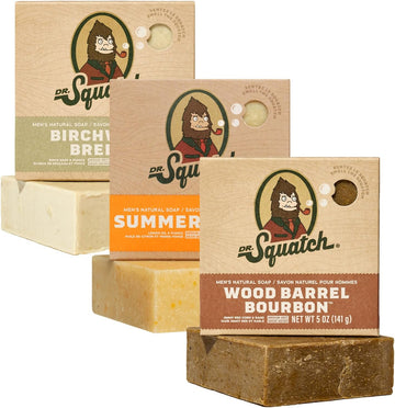 Dr. Squatch Men'S Natural Bar Soap Made From Natural Oils - 3 Pack - Cold Process Soap With No Harsh Chemicals - Birchwood Breeze, Summer Citrus, Wood Barrel Bourbon (3 Pack)
