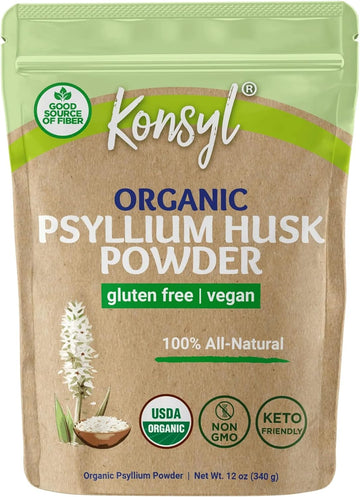 Konsyl Organic Psyllium Husk Powder - Perfect for Vegan Baking - USDA Certified Fiber Supplement Powder - All Natural, Gluten-Free, Sugar-Free, Unflavored - 1 Pack - 340g Gusset Bag