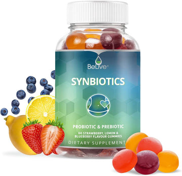 Belive Synbiotics - Probiotic & Prebiotic Fiber Gummies – High Strength Inulin (3G), Dietary Fiber Supplement, Digestive Support For Kids & Adults - Strawberry, Lemon, Blueberry Flavor (60Ct)