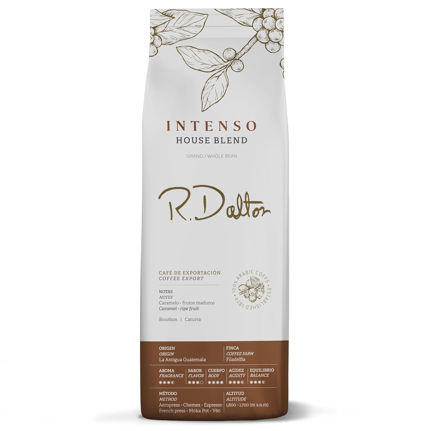 R. Dalton Coffee House Blend Whole Bean Coffee - Dark Roast- 12 oz - Authentic Taste - Fragrance and Aroma - Coffee Farm in Antigua Guatemala - Versatile Brewing