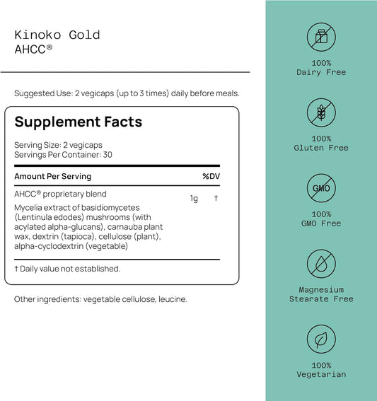 Premium Kinoko Gold AHCC Supplement?500mg of AHCC per Capsule?Supports Immune Health, Liver Function, Maintains Natural Killer Cell Activity & Enhances Cytokine Production?60 Veggie Capsules