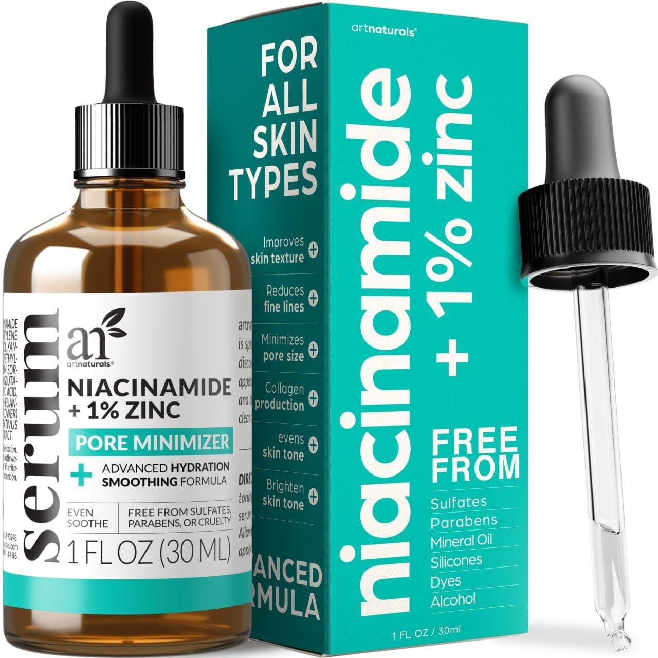 Artnaturals Niacinamide Face Serum, 10% Active Niacinamide With 1% Zinc Pca & Vitamin B3 - Hyaluronic Acid, Pore Reducer, Mineral Blemish Protection, 1 Oz