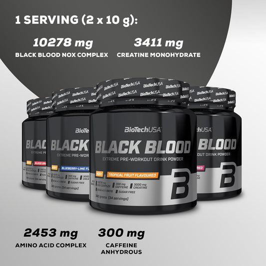 Biotechusa Black Blood Nox+ | Pre-Workout Formula | With Caffeine, Creatine, Tyrosine | Sugar-Free | 340 G | Blueberry-Lime