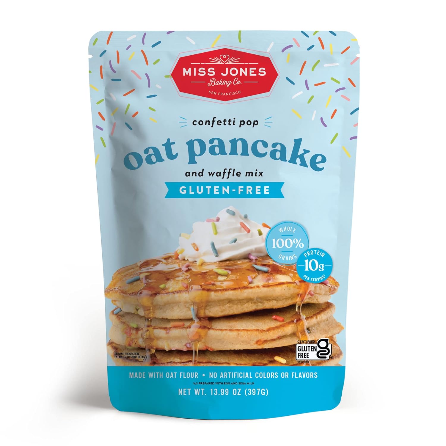 Miss Jones Baking Confetti Pop Oat Pancake and Waffle Mix - Made with Oat Flour, Gluten Free, 10g of Protein, 100% Whole Grains, 13.99 Ounce (Pack of 1)