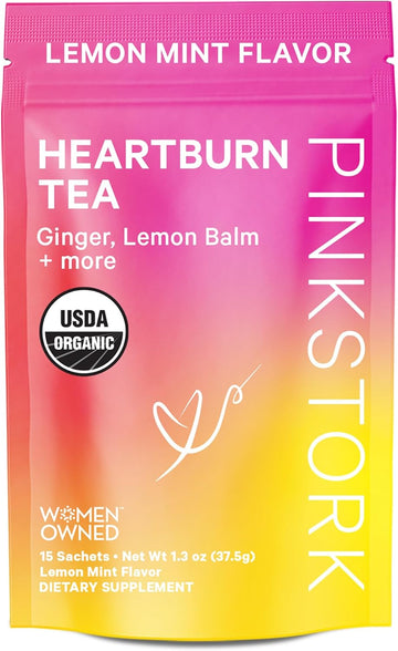 Pink Stork Heartburn Tea: Lemon Mint, 100% Organic, Heartburn Pregnancy Relief + Reduce Indigestion + Acid Reflux, Women-Owned, 30 Cups, Packaging May Vary