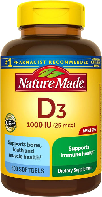 Nature Made Vitamin D3 1000 IU (25 mcg) Softgel, Dietary Supplement for Bone, Teeth, Muscle and Immune Health Support, 300 Day Supply,300 Count (Pack of 1)