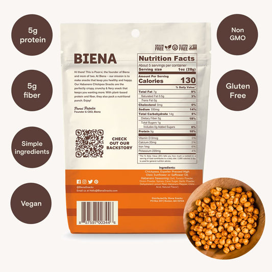 Biena Crispy Roasted Chickpea Snacks - Habanero, High Protein Snacks, High Fiber Snacks, Gluten Free, Plant-Based, Allergy Friendly, Non-GMO, 8-Pack 5 Ounce Bags