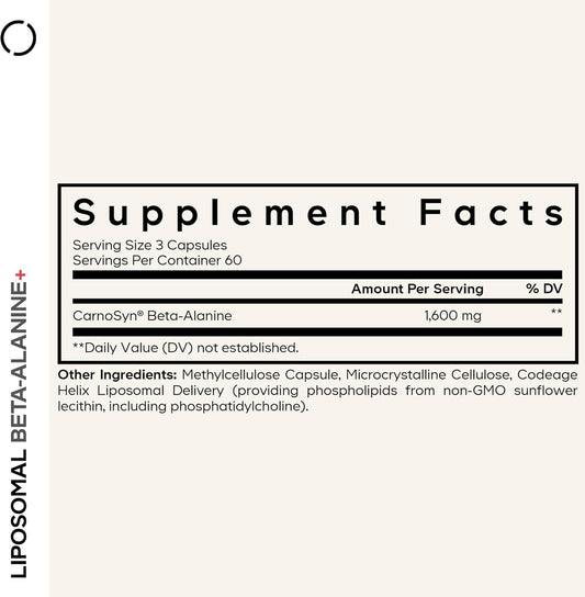 Codeage Liposomal Beta-Alanine Supplement - Carnosyn Beta-Alanine - 2-Month Supply - Liposomal Delivery - Pre Workout, Post Workout And Sport Supplementation - Non-Gmo - 180 Capsules