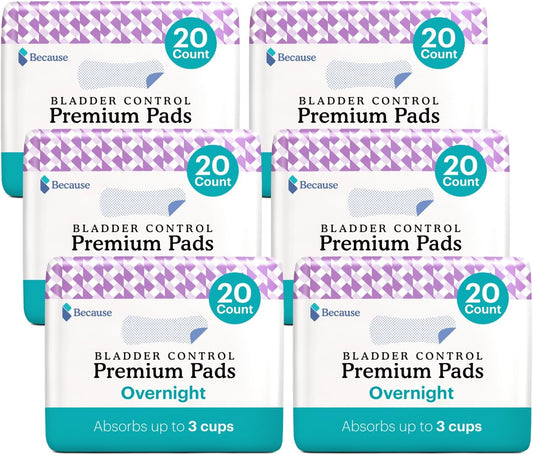 Because Incontinence Pads For Women - Extra Heavy Absorbency, Overnight Postpartum Incontinence Pads, Overnight Leak-Free Protection, 6 Packs Of 20 Pads (120 Total)