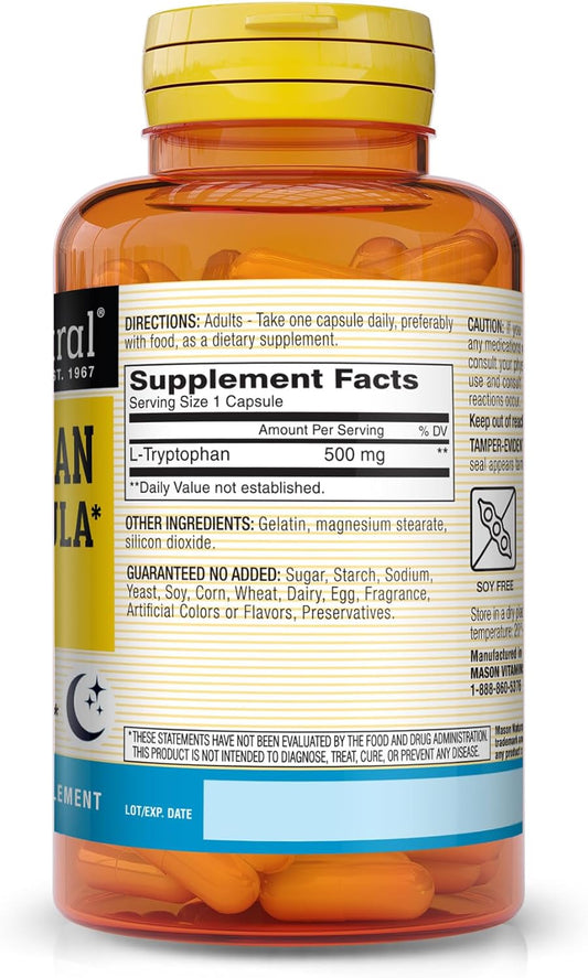 MASON NATURAL L-Tryptophan Sleep Formula 500 mg - Essential Amino Acid, Advanced Sleep Aid, Supports Restful Sleep, 60 Capsules