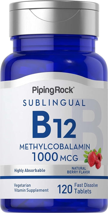 Piping Rock Vitamin B12 Sublingual 1000 mcg | 120 Tablets | Methylcobalamin | Berry Flavor | Non-GMO, Gluten Free Supplement