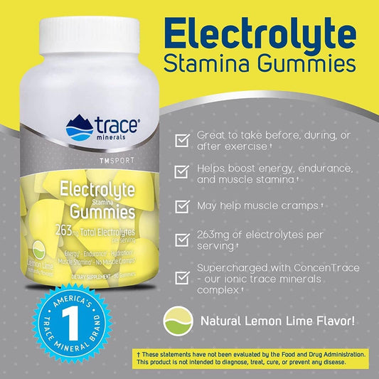 Trace Minerals | Electrolyte Stamina Gummies | Boost Energy, Endurance, Muscle Stamina and Hydration | Vegan | Lemon Lime | 90 Count (30 Servings)