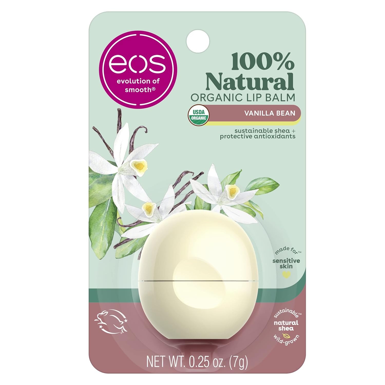 Eos 100% Natural & Organic Lip Balm Sphere- Vanilla Bean, All-Day Moisture, Dermatologist Recommended For Sensitive Skin, Lip Care Products, 0.25 Oz