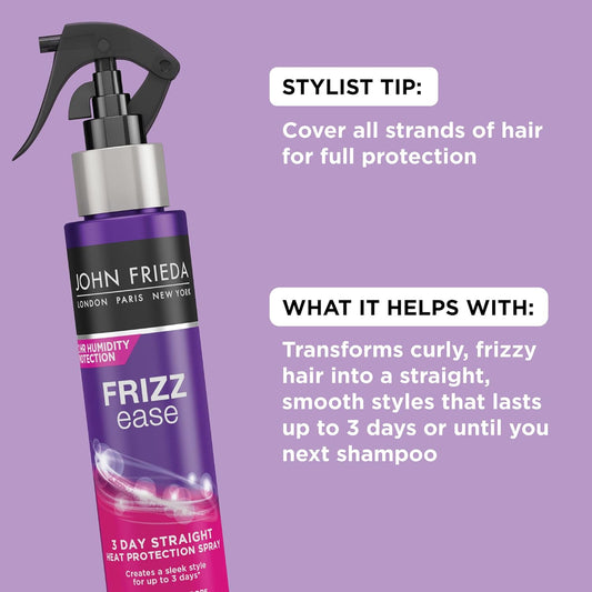 John Frieda Frizz Ease Keratin Infused Flat Iron Hair Spray, 3 Day Straightening Spray, Anti Frizz Heat Protectant For Curly Hair, 3.5 Ounce