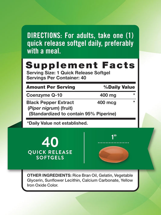 Nature'S Truth Co-Q10 400Mg | 40 Softgels | Maximum Strength Supplement | Enhanced Absorption | Non-Gmo And Gluten Free Supplement