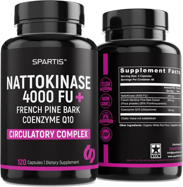 Nattokinase Supplement 4000 Fu Coq10 100Mg French Maritime Pine Bark Extract 200Mg With Enzymes For Circulatory & Cardiovascular Support (Pack Of 1 At 120-Caps)