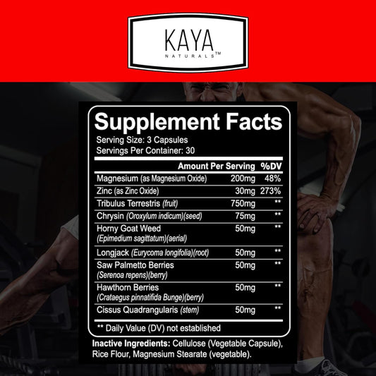 Kaya Naturals Ultratest- Men'S T Booster With Tongkat Ali, Horny Goat Weed, Tribulus - Natural Workout Supplement For Energy, Stamina, And Strength Booster - 180 Count