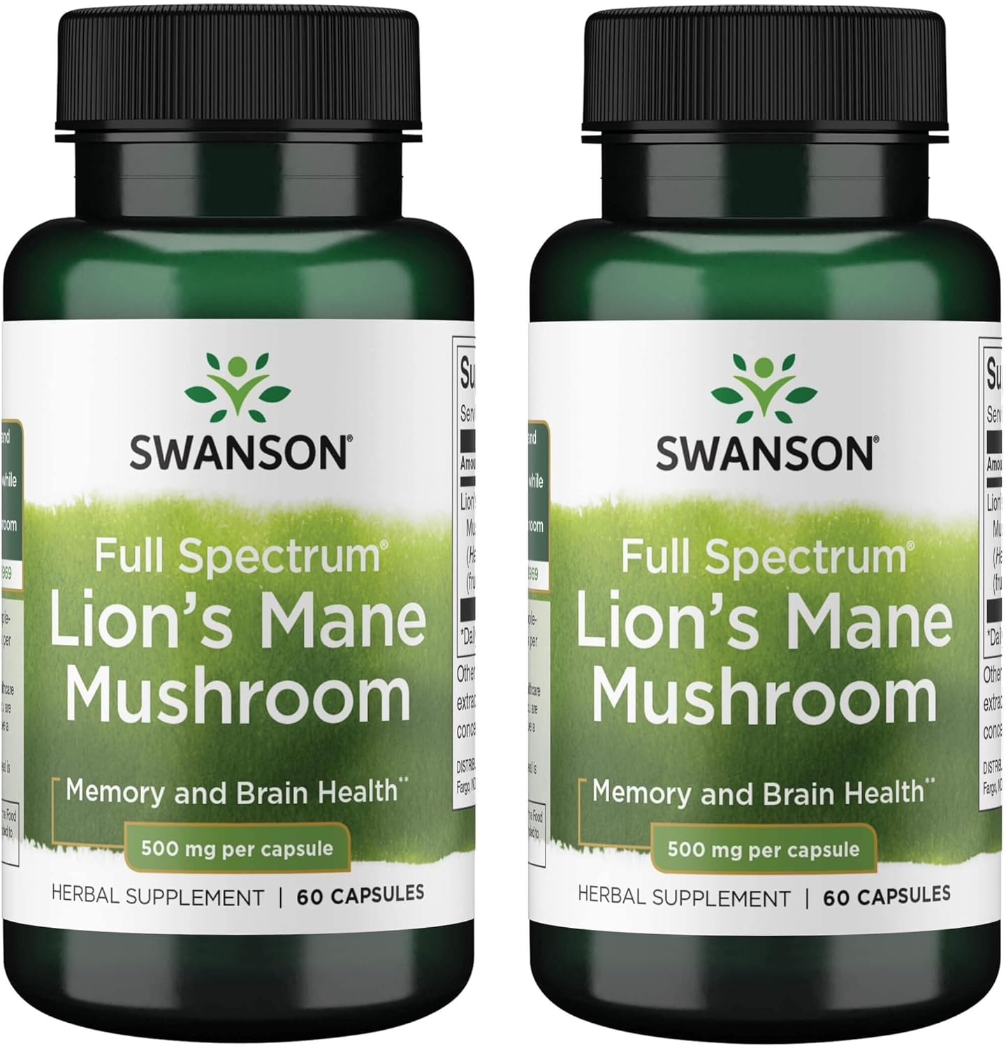 Swanson Lion'S Mane Mushroom - Herbal Supplement Promoting Mental Focus, Clarity, & Memory Support - Traditional Brain Booster Supplement Made From Hericium Erinaceus (60 Capsules, 500Mg Each) 2 Pack