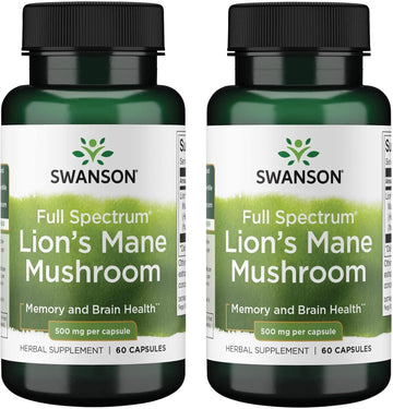 Swanson Lion'S Mane Mushroom - Herbal Supplement Promoting Mental Focus, Clarity, & Memory Support - Traditional Brain Booster Supplement Made From Hericium Erinaceus (60 Capsules, 500Mg Each) 2 Pack