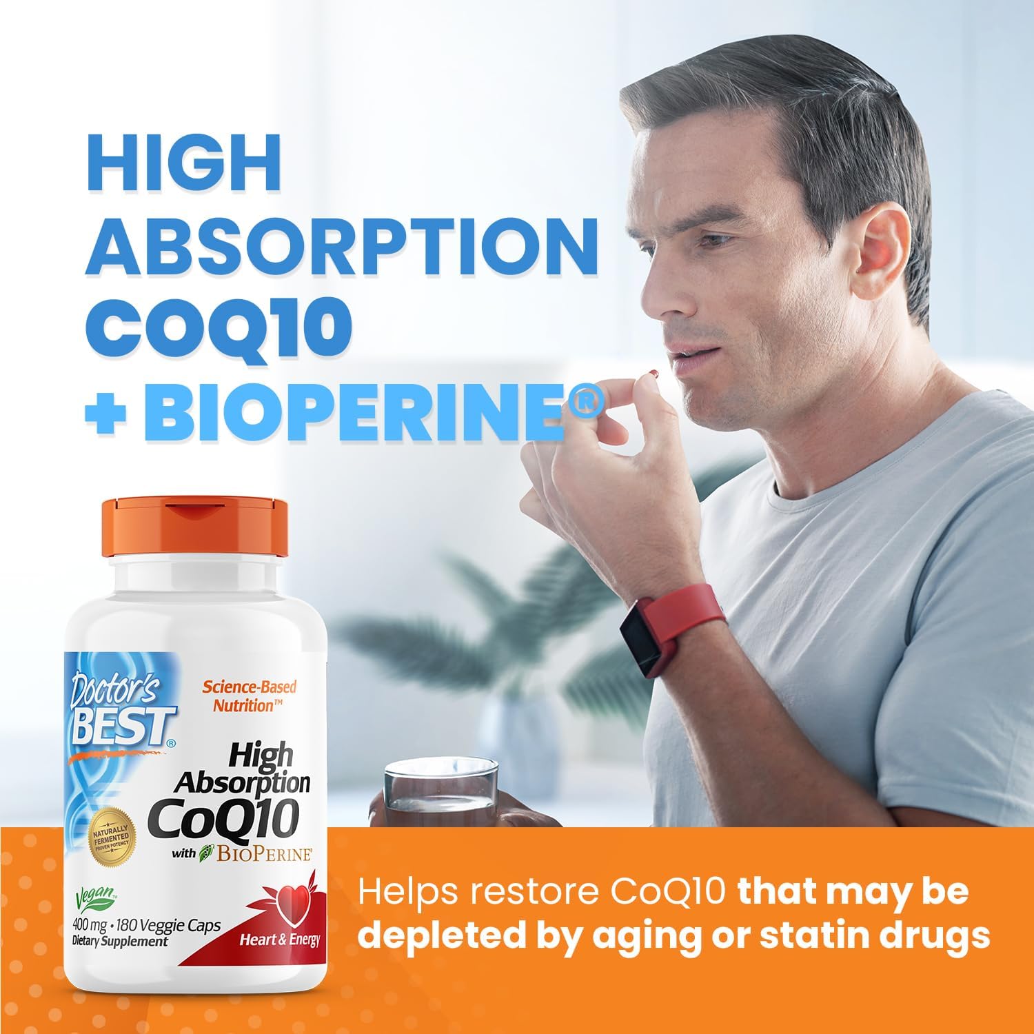 Doctor's Best High Absorption CoQ10 with BioPerine, Heart Health & Energy Production, Naturally Fermented, Non-GMO, Gluten Free, Vegan, 400 mg, 180 Veggie Caps : Health & Household