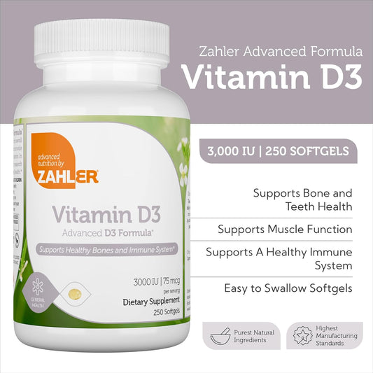 Zahler Vitamin D3 3000Iu, Vitamin D3 Supplement 3,000 Iu, Certified Kosher (250 Softgels)