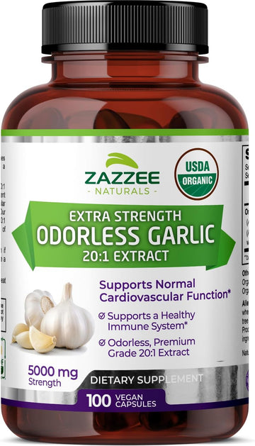 Zazzee Usda Organic Odorless Garlic 20:1 Extract, 5000 Mg Strength, 100 Vegan Capsules, 3+ Month Supply, Standardized, Concentrated 20X Extract, 100% Vegetarian, All-Natural, Non-Gmo, Made In The Usa