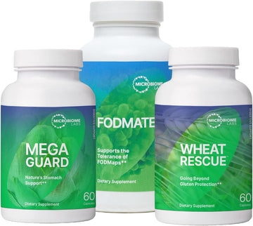 Microbiome Labs Digestion Bundle - Fodmate Enzymes (120 Capsules) Wheatrescue (60 Capsules) Megaguard (60 Capsules) - 3 Piece Supplements Set