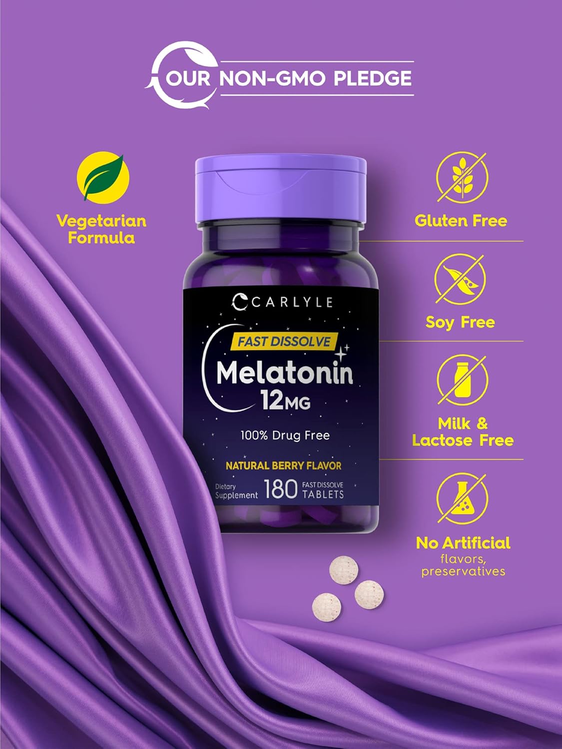 Carlyle Melatonin 12 mg Fast Dissolve 180 Tablets | Drug Free | Natural Berry Flavor | Vegetarian, Non-GMO, Gluten Free : Health & Household