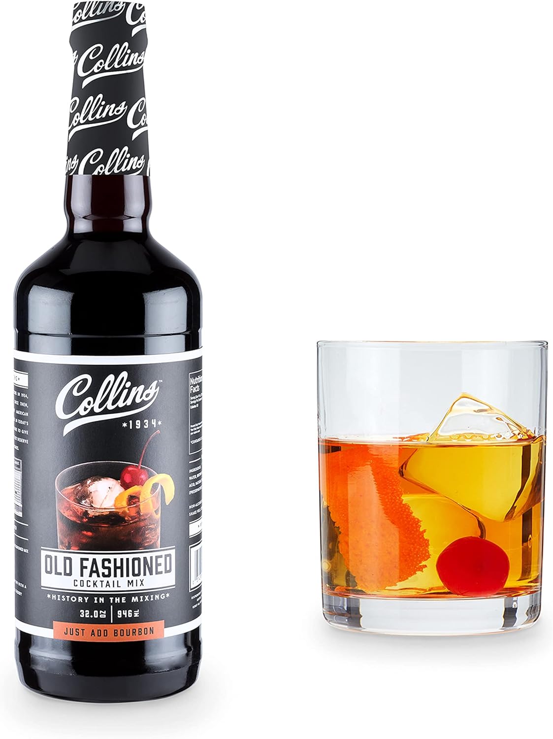 Collins Old Fashioned Mix | Made With Real Brown and Sugar Cherry Juice With Natural Flavors | Classic Cocktail Recipe Ingredient, Home Bar accessories Cocktail Mixers, 32 fl oz