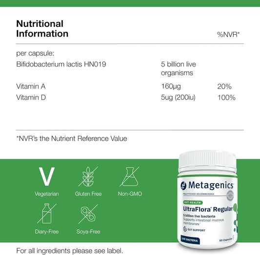 Metagenics Ultraflora Regular - High-Strength Bifidobacterium Lactis Hn019 Probiotic - Supports Gut Health, 60 Capsules