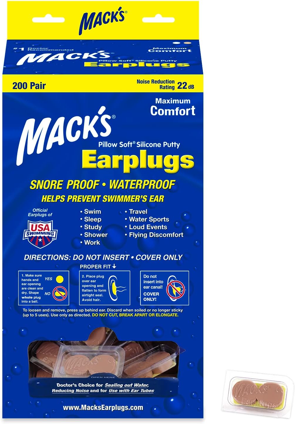Mack's Pillow Soft Silicone Earplugs - 200 Pair Dispenser - The Original Moldable Silicone Putty Ear Plugs for Sleeping, Snoring, Swimming, Travel, Concerts and Studying (Beige) | Made in USA