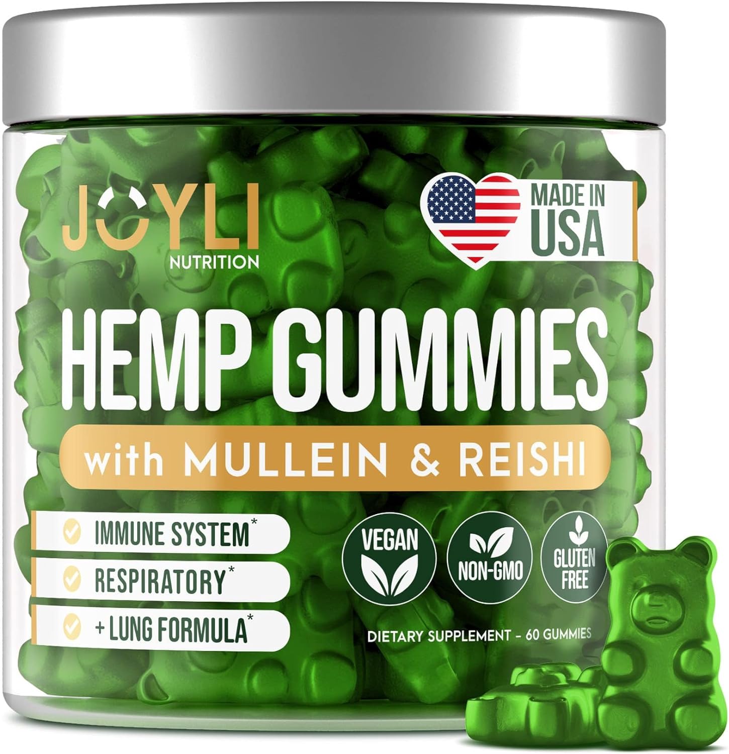 JOYLI Hemp Gummies - Natural Lung Cleanse with Mullein Leaf & Reishi Mushroom - Extra Strength Clean Lung Support Supplement with Vitamins A, C, D & E - Sugar-Free, Vegan, Non-GMO - 60 Edibles