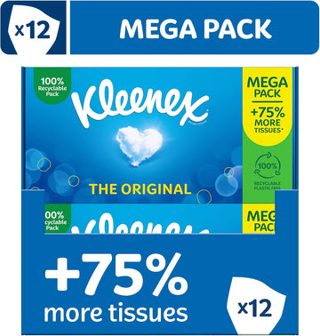 Kleenex® Original Tissues, Mega Pack – 1,344 Sheets (12 Boxes x 112 Sheets) - Always soft & strong for Everyday Use - Now 75% More Tissues in a box